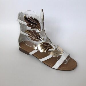 Forever New White Faux leather Gladiator Sandals with Gold Angel wings 7M